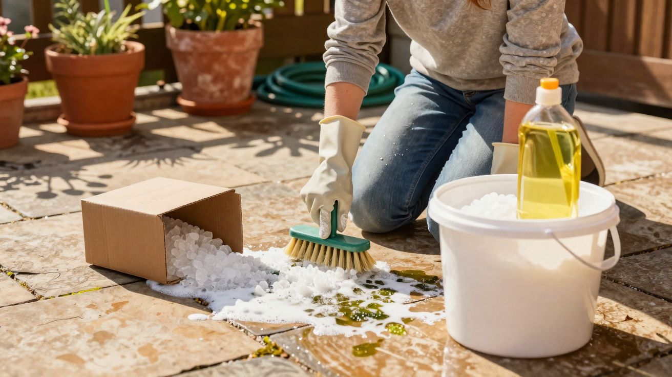 Person scrubbing outdoor stone tiles with brush, soap suds, and cleaning supplies on a sunny patio.
