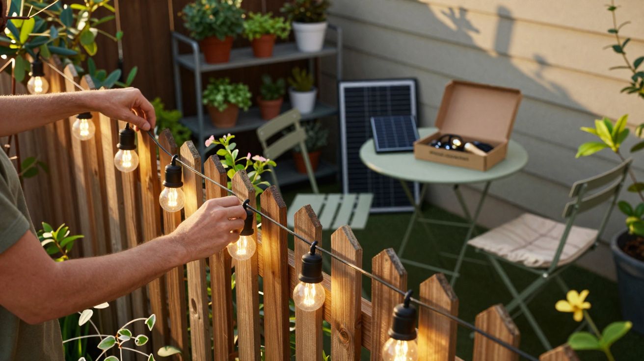 Person hanging outdoor string lights on wooden fence in a cozy garden patio setting with potted plants.