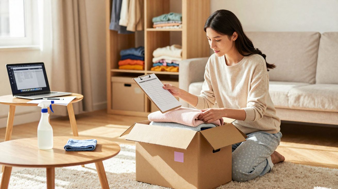 Woman sitting on floor checking inventory on clipboard while packing folded clothes in cardboard box at home