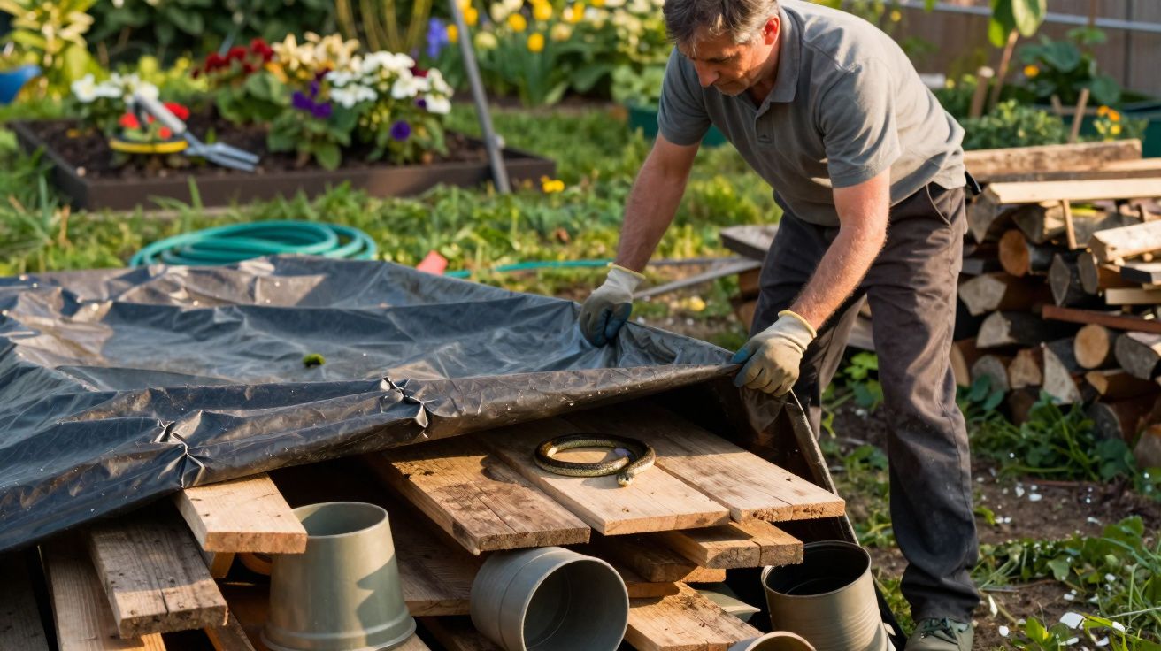 Man uncovering wooden pallets with a snake coiled underneath in a garden setting.