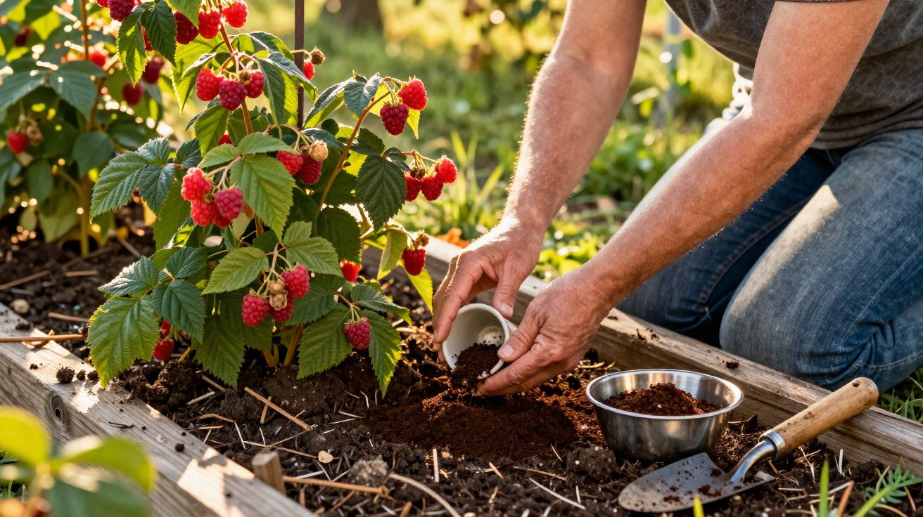 Person adding compost to soil near a raspberry plant in a raised garden bed on a sunny day.
