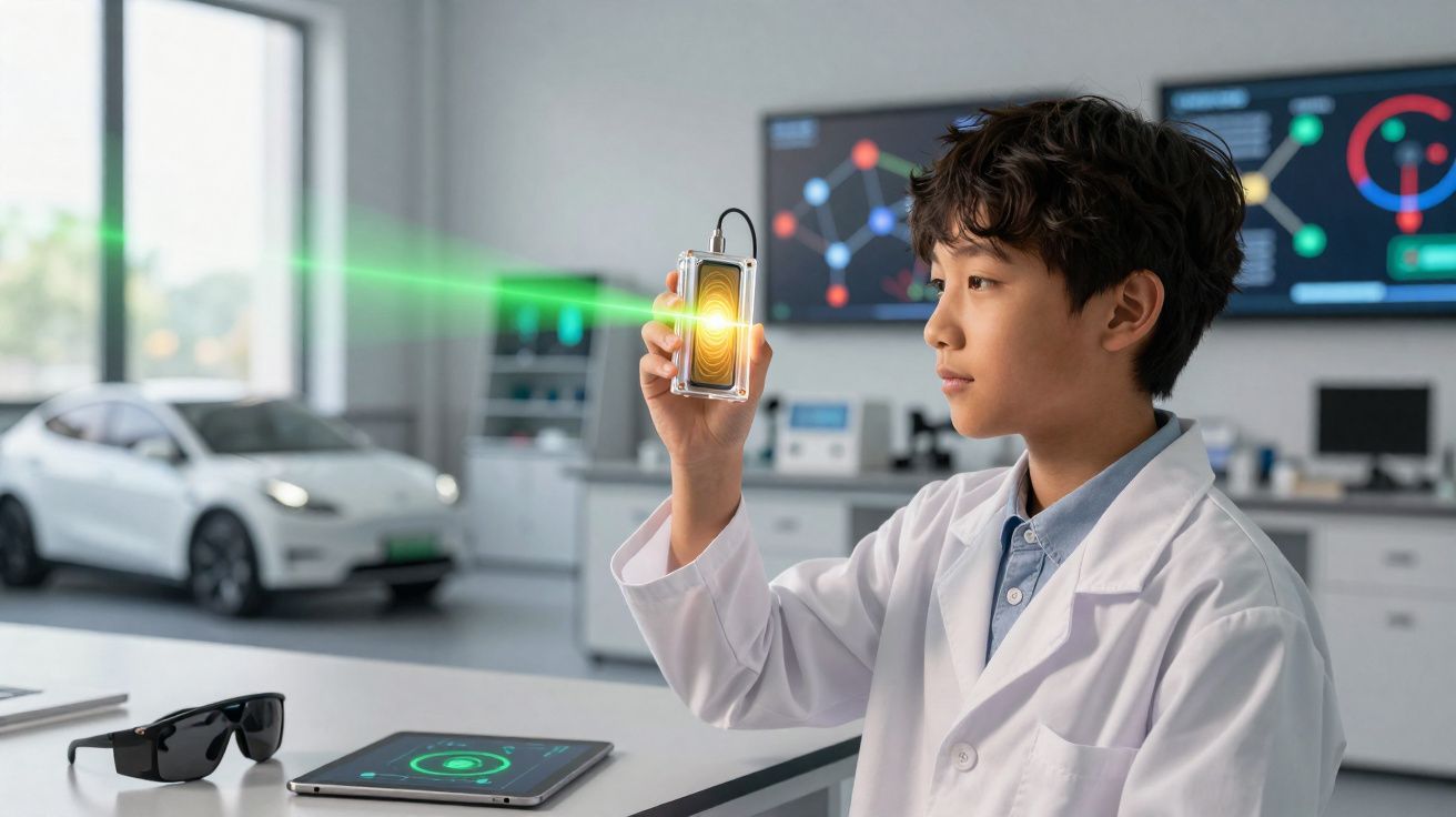 Young scientist in lab coat holding a device emitting a green laser beam in a modern laboratory setting.