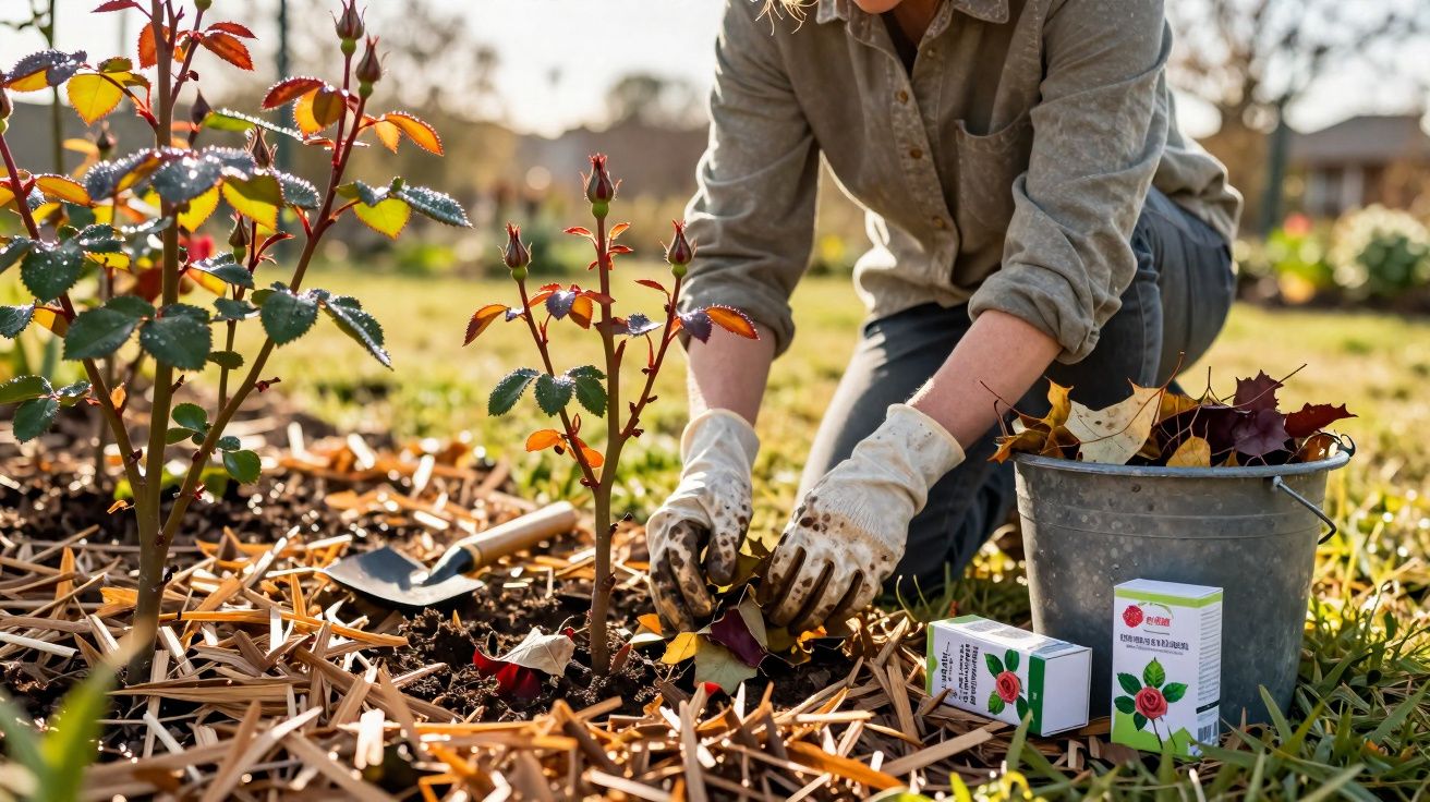Person wearing gloves gardening, planting rose bushes surrounded by wood chips and gardening tools in sunlight.