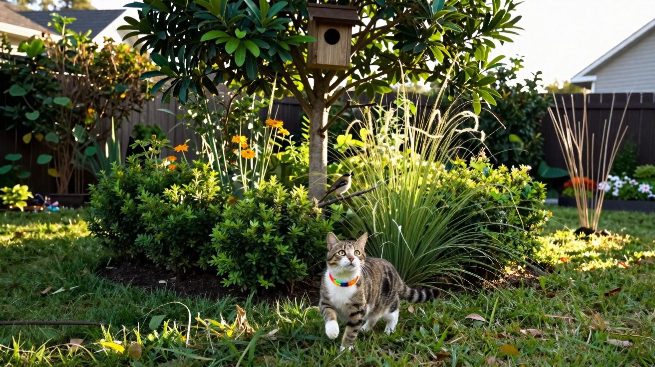 Tabby cat wearing a colourful collar walking in a sunny garden with plants, flowers, a birdhouse, and a bird on a branch.