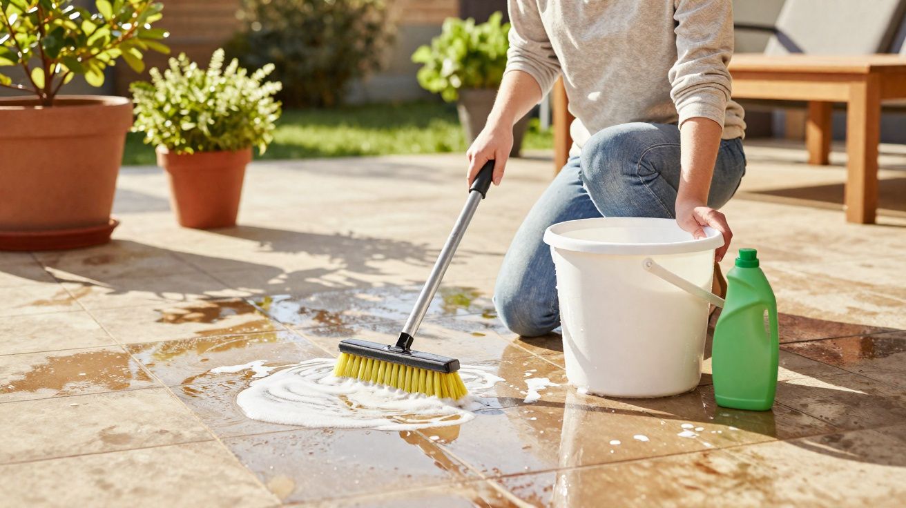 Person scrubbing outdoor tiled floor with a brush, bucket, and cleaning liquid on a sunny patio.