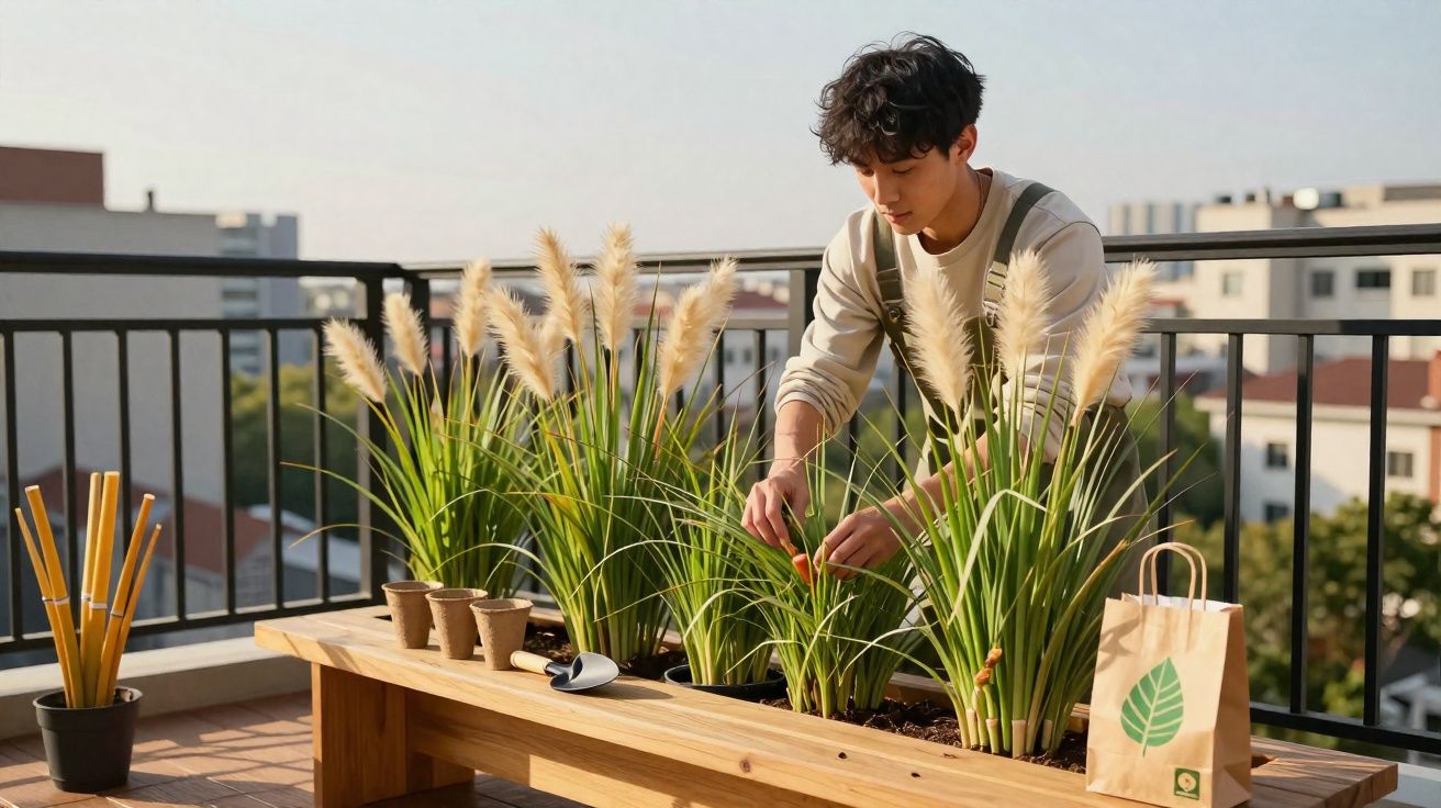 Young man tending ornamental grasses on rooftop garden bench with city buildings in background.