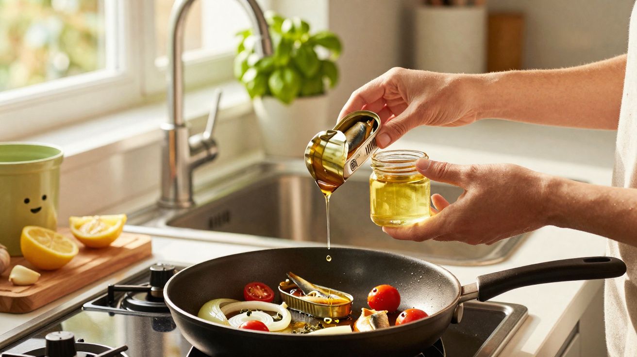 Person pouring oil into a frying pan with cherry tomatoes, onion slices, and fish on a kitchen stove.