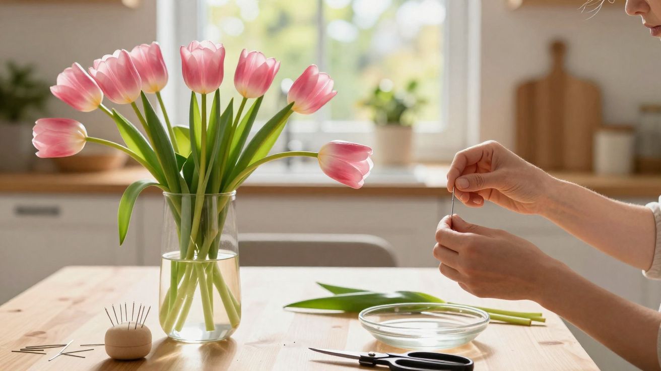 Pink tulips in a glass vase on a kitchen table with hands threading a needle nearby and scissors on the table.