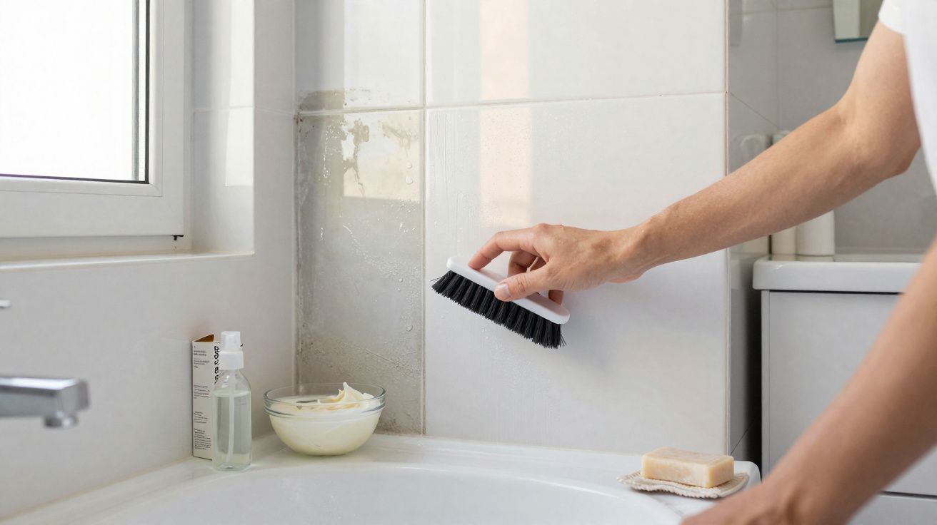 Person scrubbing mould and dirt from bathroom tiles using a brush near a bathtub.