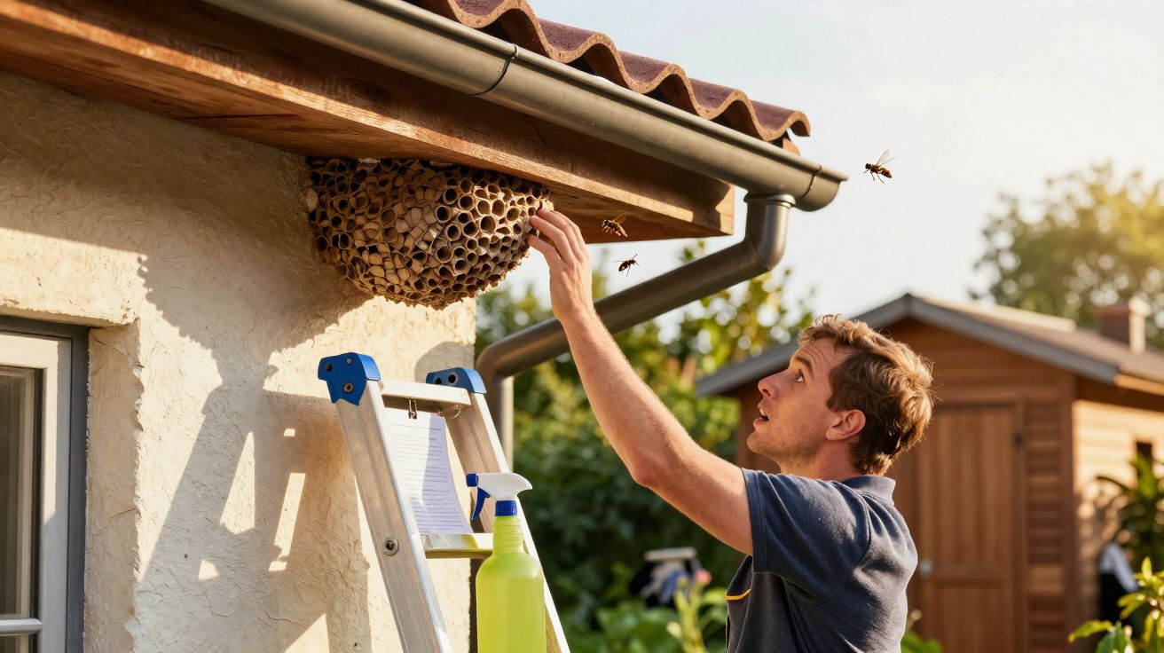 Man on ladder reaching towards large wasp nest under roof eaves with wasps flying nearby.