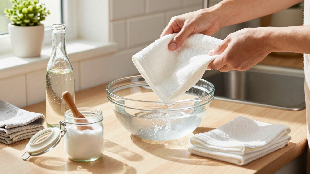 Hands washing a white cloth in a glass bowl filled with water on a wooden kitchen counter.