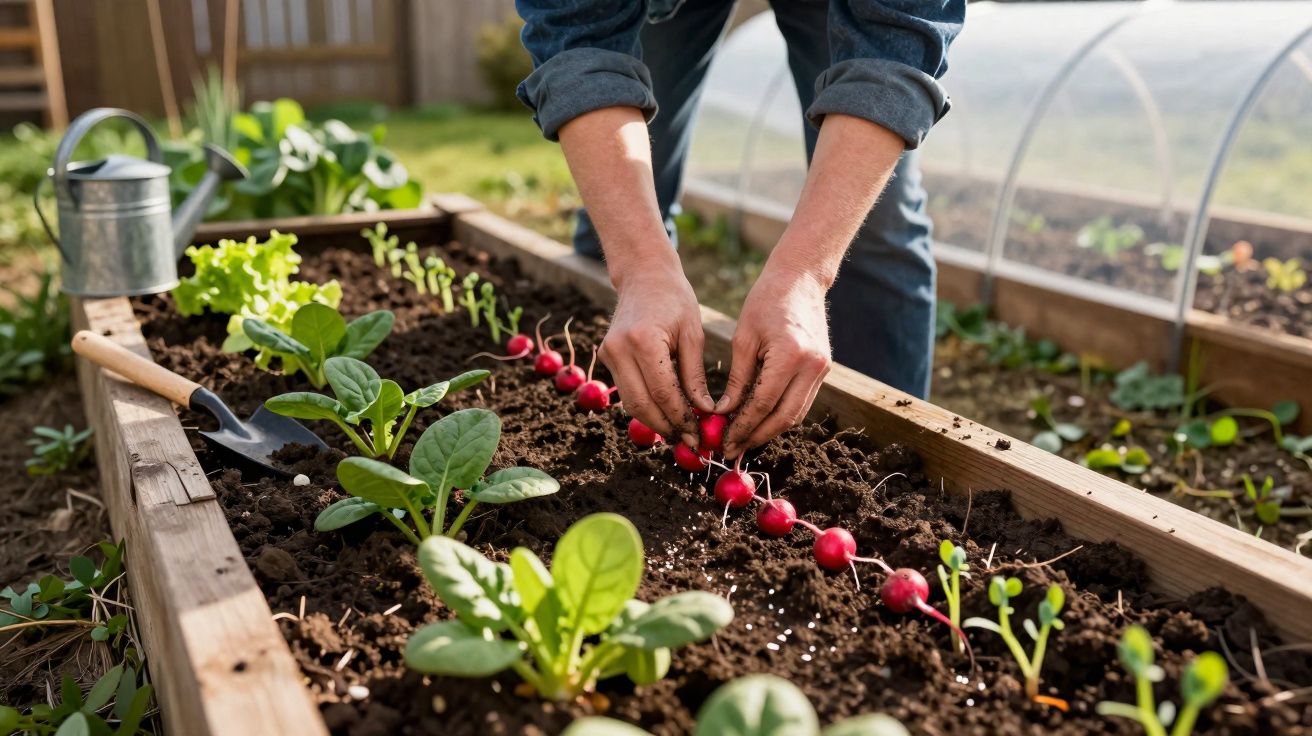 Person harvesting fresh radishes in a raised garden bed with leafy greens and gardening tools nearby.