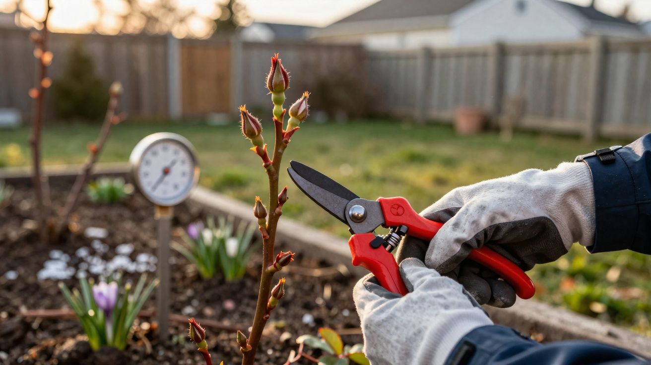 Hands in gardening gloves pruning rose buds with red secateurs in a sunny garden bed with flowers.