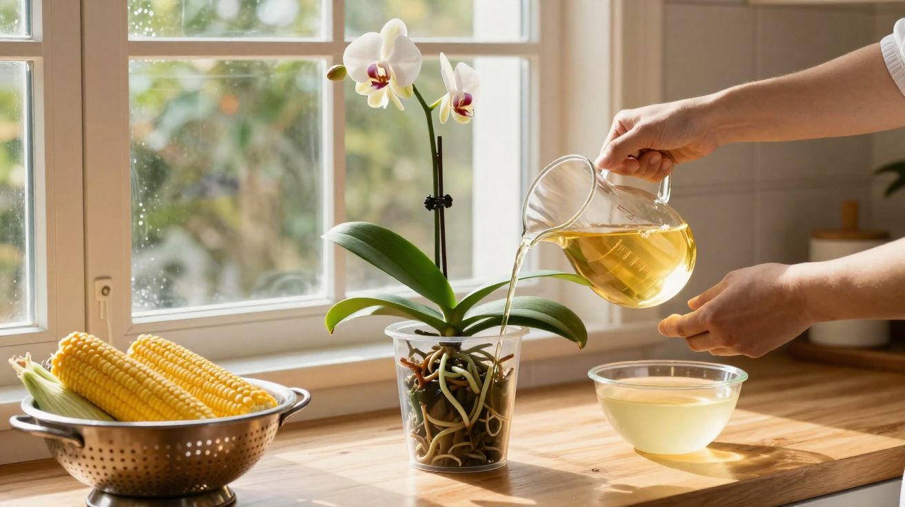 Hands watering a blooming orchid on a wooden kitchen windowsill with corn in a colander nearby.