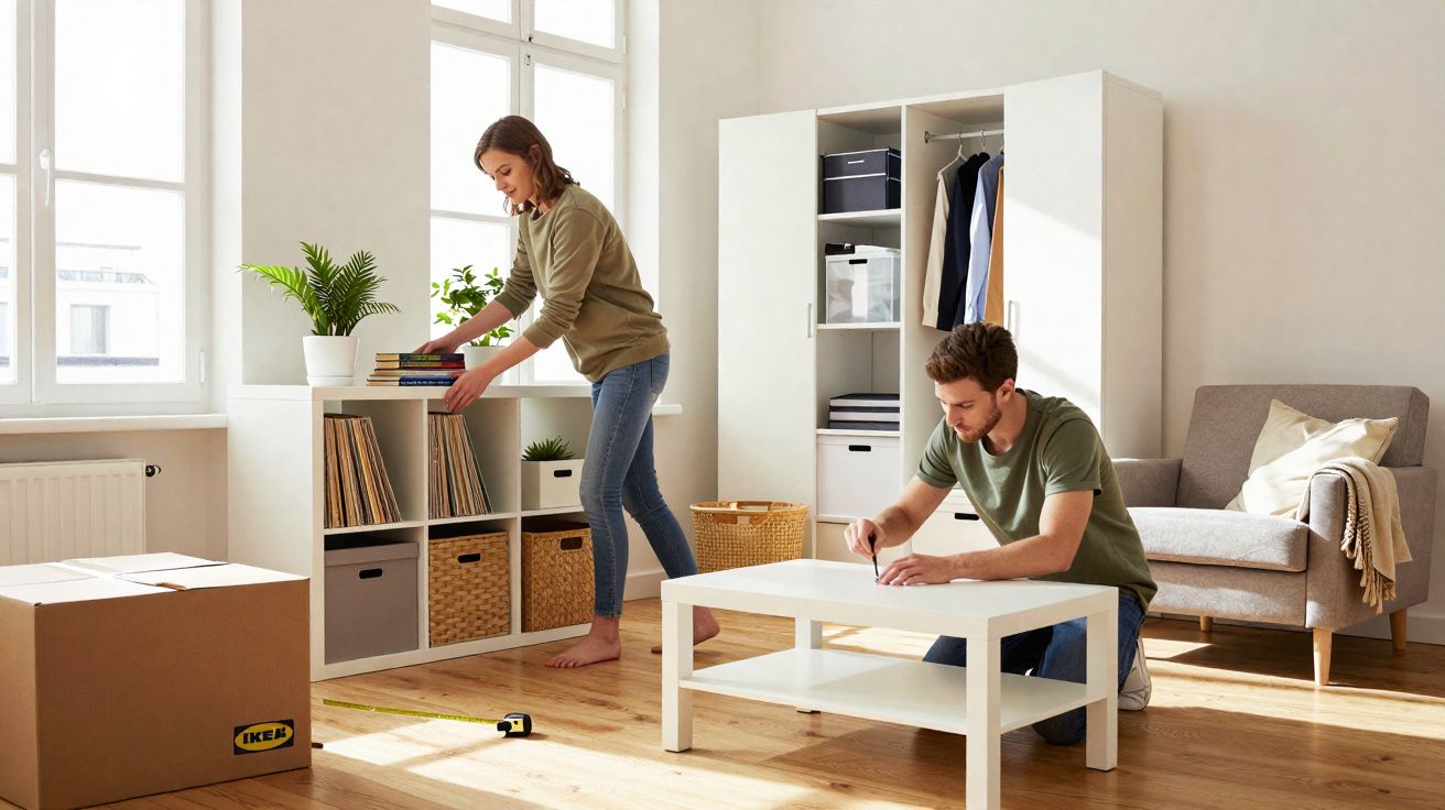 Couple arranging furniture and unpacking boxes in a bright living room with wooden floors and white walls.