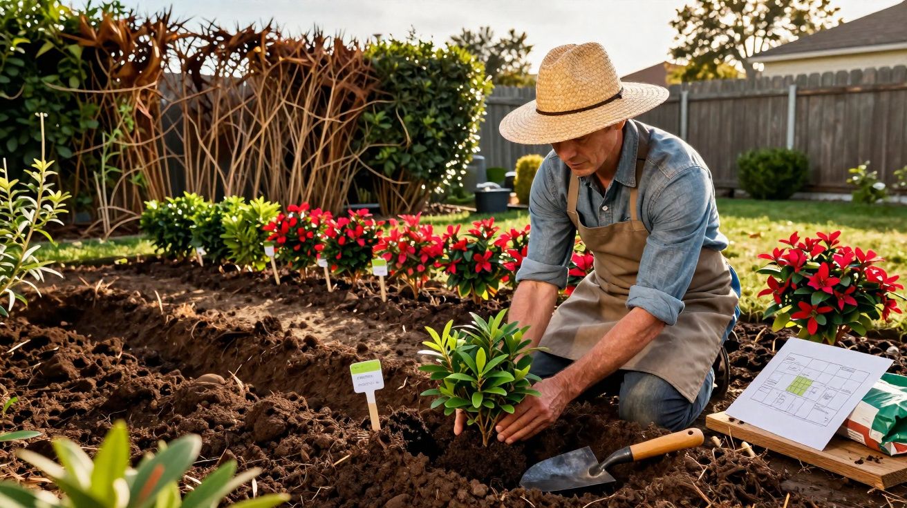 Man wearing a straw hat and apron planting a shrub in a garden with flowers and gardening tools nearby.