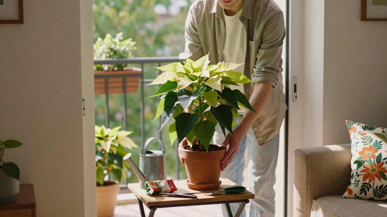 Person placing a potted poinsettia plant on a table near a sunny balcony door in a cozy living room.
