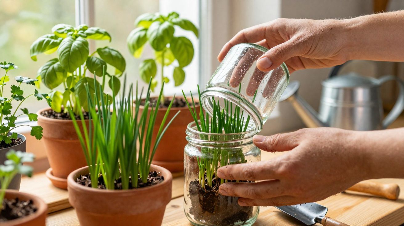 Hands transferring green onion seedlings from a glass to a jar on a wooden table with potted herbs nearby.