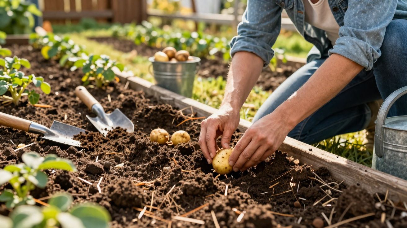 Person harvesting potatoes from soil in a garden bed with gardening tools and a watering can nearby