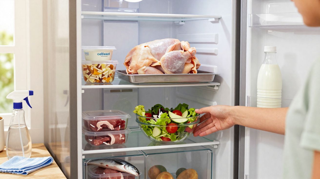 Person placing a bowl of fresh salad into a fridge containing raw chicken, packaged meat, fish, and a milk bottle.