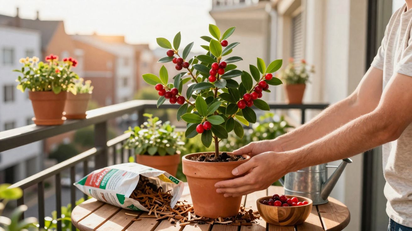 Person repotting a small cherry fruit tree on a balcony table with gardening supplies around.