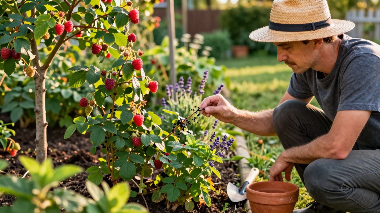 Man wearing a straw hat harvesting ripe raspberries and blackberries in a sunny garden.