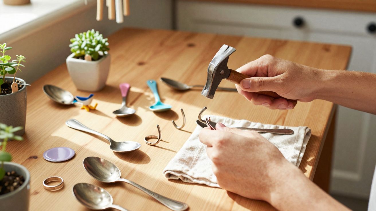 Hands using a hammer to bend metal spoons on a wooden table with several spoons and plants nearby.