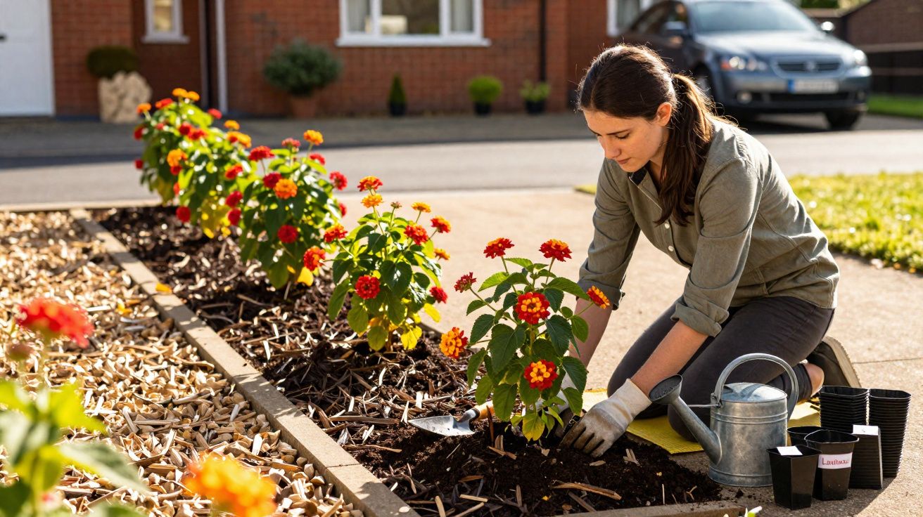 Woman planting colourful flowers in a garden bed outside a house on a sunny day.