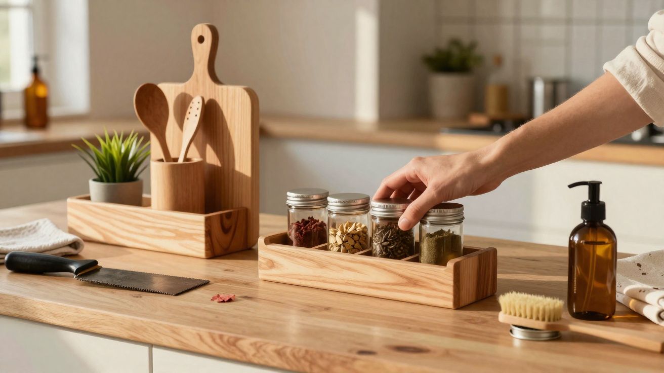 Hand reaching for a spice jar on a wooden kitchen countertop with utensils, cutting board and soap dispenser nearby.