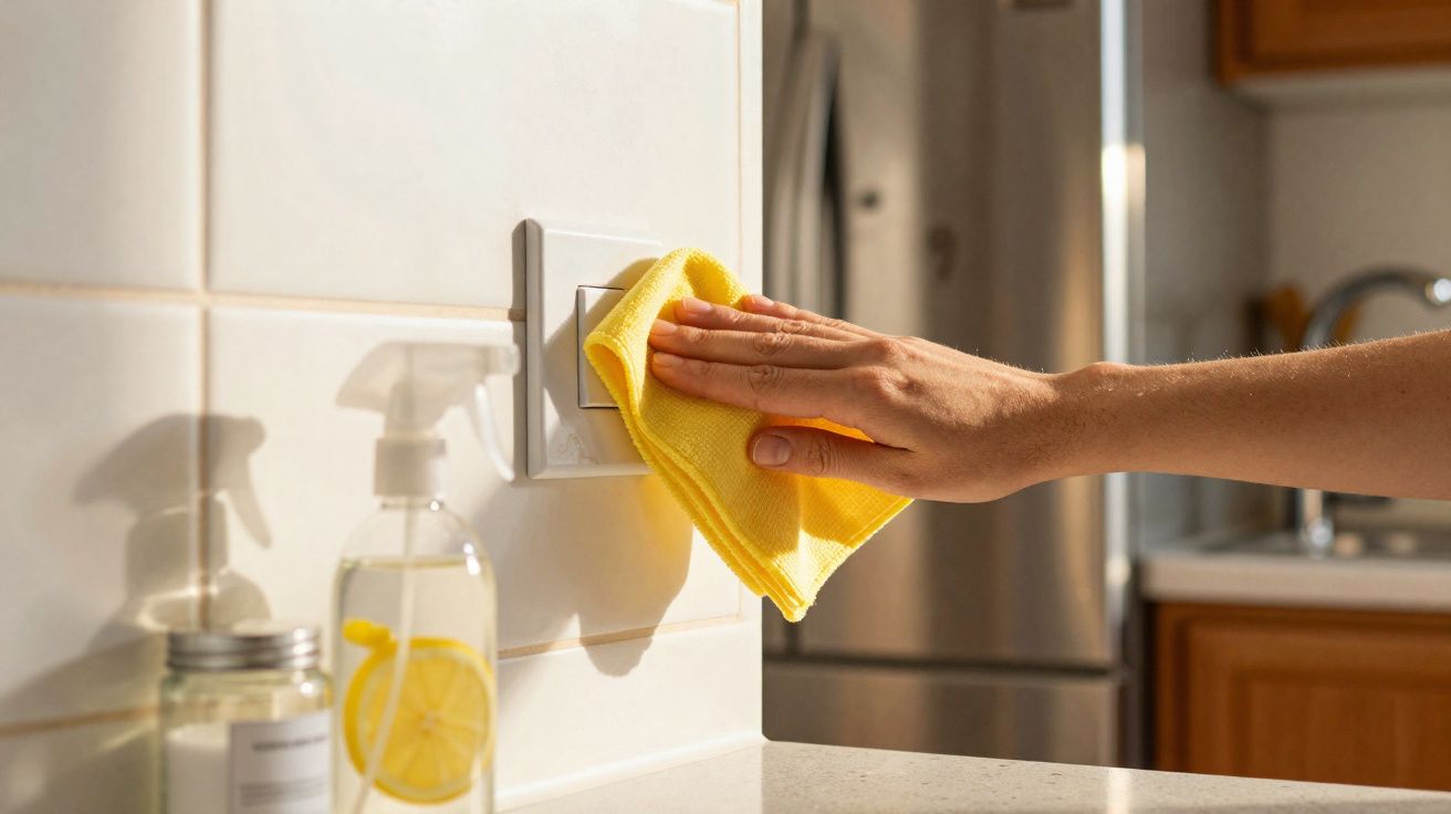 Hand wiping a light switch on a kitchen tiled wall with a yellow cloth, beside a lemon-scented spray bottle.