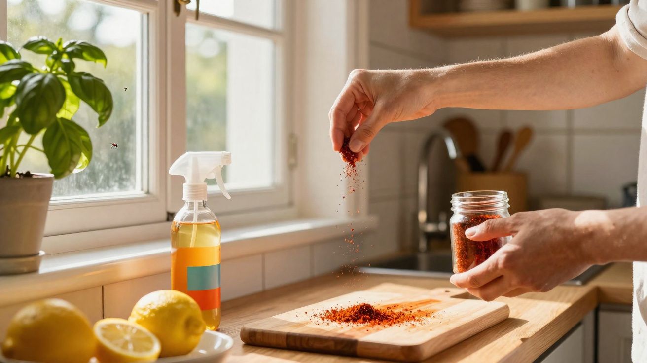 Person sprinkling red spice from jar onto wooden chopping board in a sunlit kitchen near lemons and a spray bottle