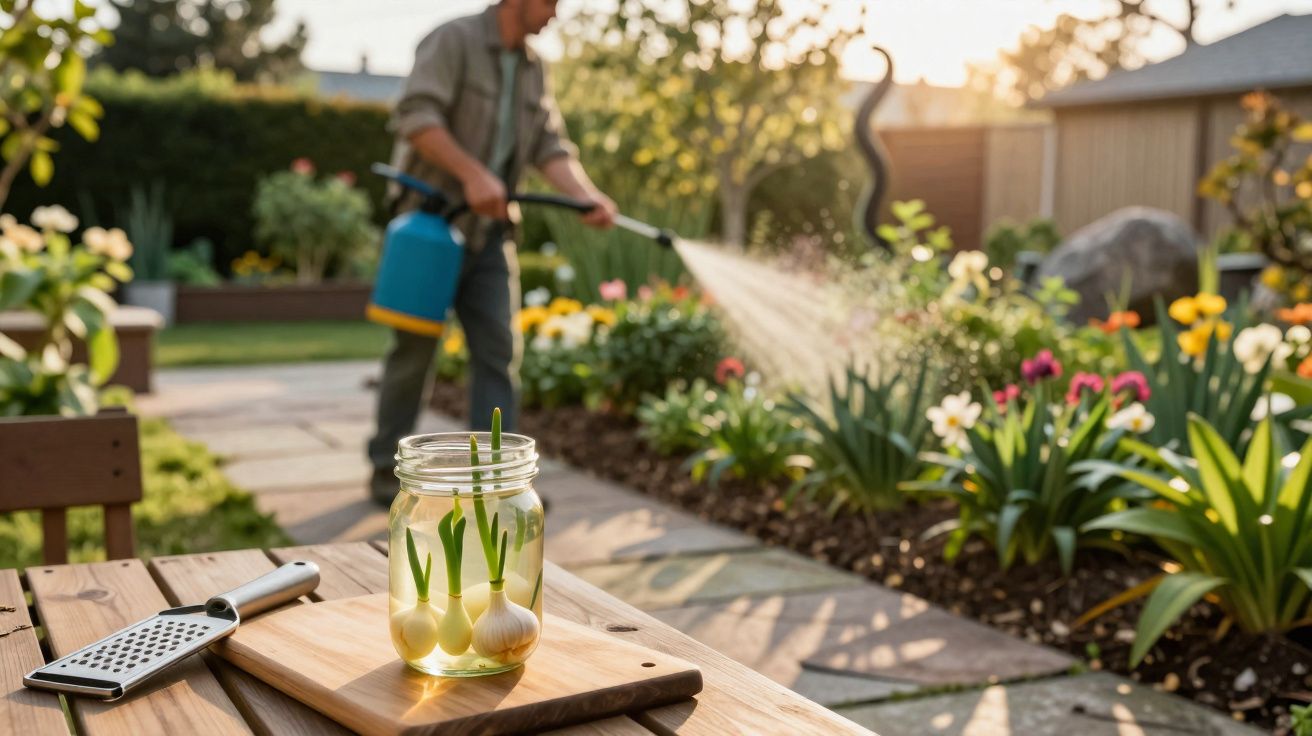 Jar with sprouting garlic on a table in a garden with a person watering flowers in the background at sunset.