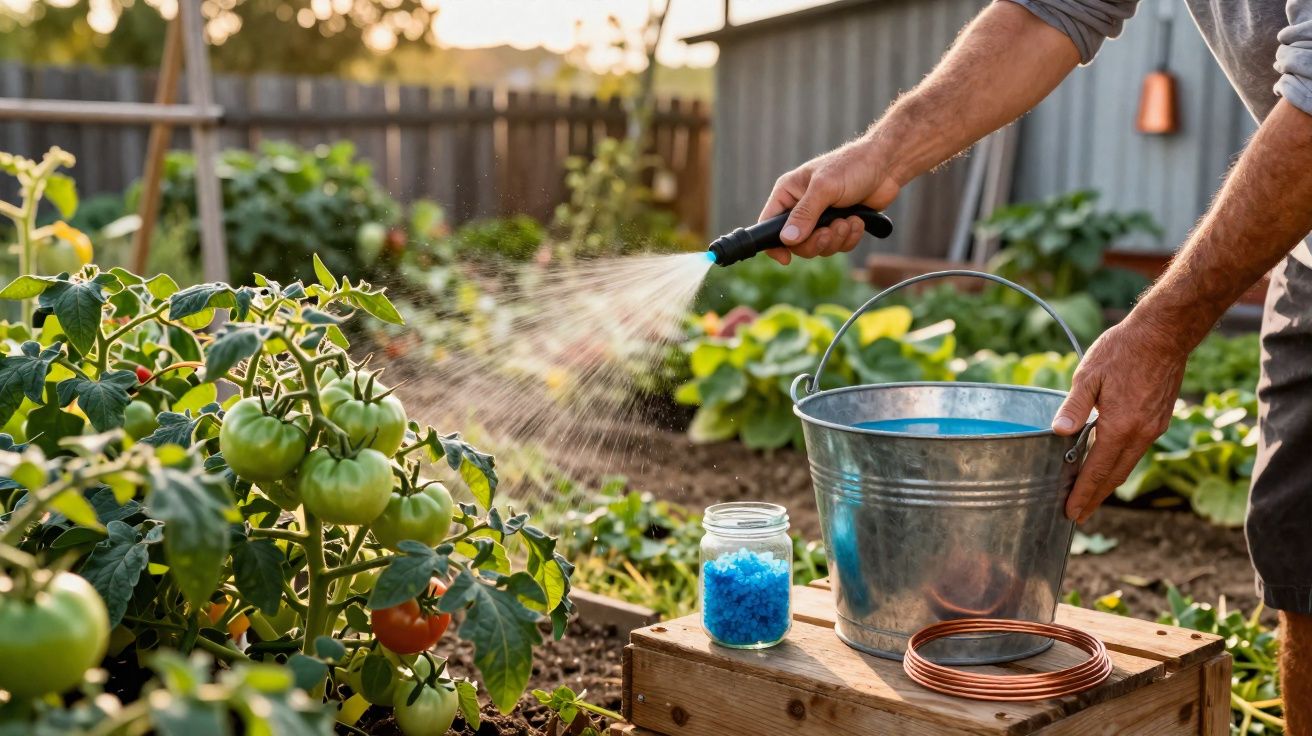 Person spraying liquid on tomato plants in a garden with a metal bucket and fertilizer on a wooden crate.