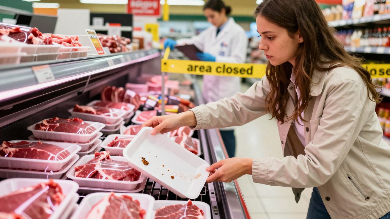 Woman inspecting an empty meat tray at a supermarket with an 'area closed' sign in the background.