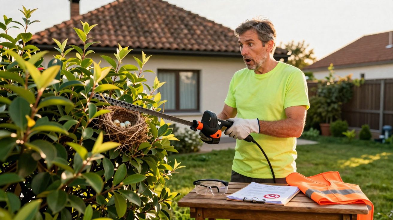 Man shocked while trimming bush with bird nest and eggs in a residential garden at sunset.
