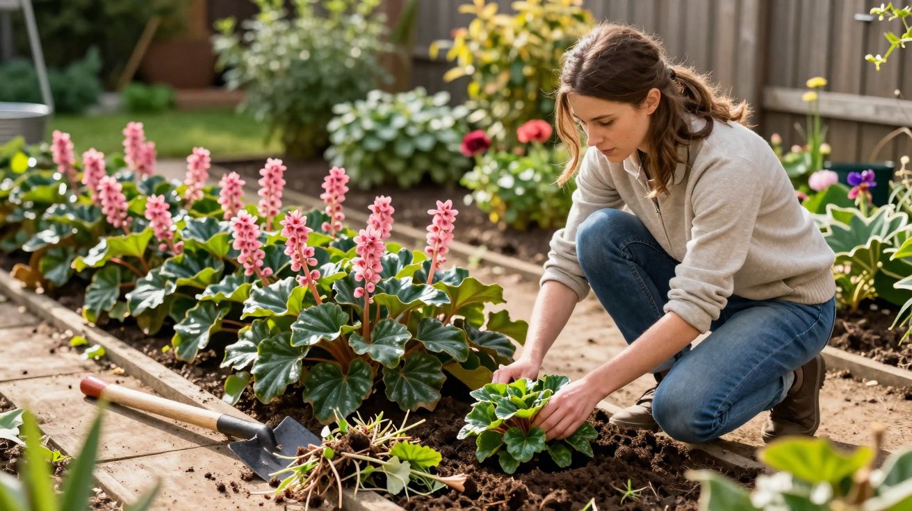 Woman planting pink flowers in a garden bed with gardening tools nearby on a sunny day.