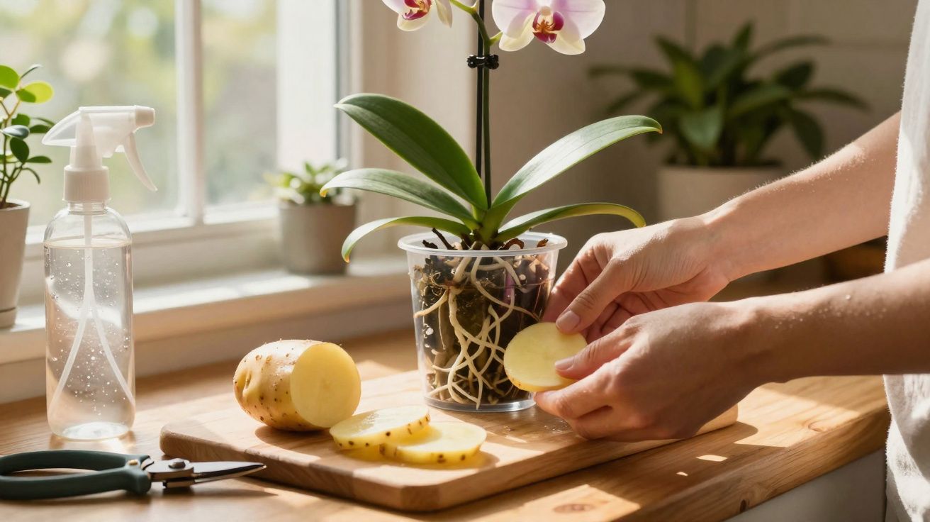 Hands holding a potato slice next to a potted orchid on a wooden table by a sunny window.