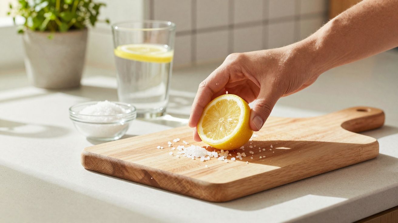 Hand holding half a lemon pressing on coarse salt on a wooden chopping board in bright kitchen.