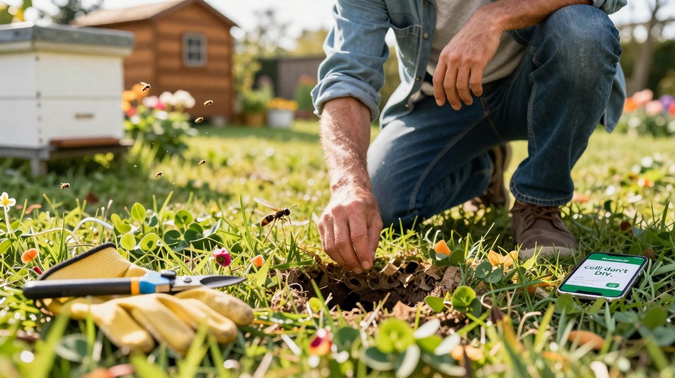 Person tending to a beehive outdoors with bees flying, gloves, scissors, and a phone nearby on grass.