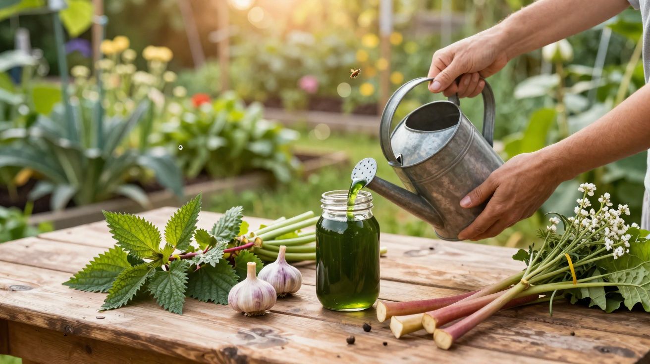 Hands pouring green liquid from a watering can into a jar on a rustic wooden table with herbs and garlic.
