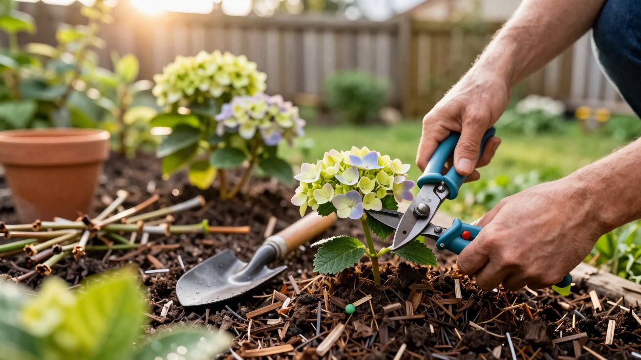 Hands using pruning shears to trim a hydrangea plant in a garden bed with gardening tools nearby.