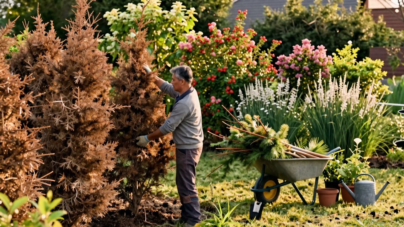Man removing dead branches from brown pine trees in a colourful garden with wheelbarrow and watering can nearby