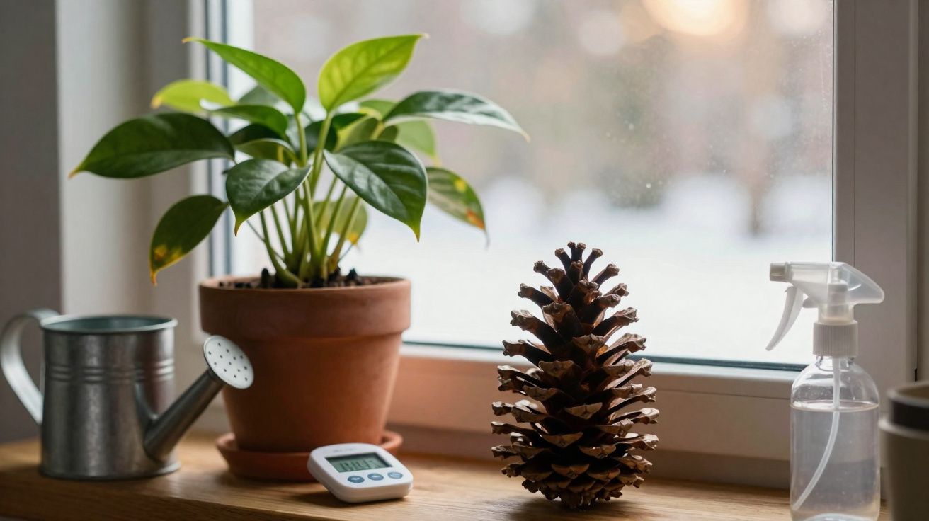 Potted green plant, watering can, digital timer, pine cone, and spray bottle on a wooden windowsill.