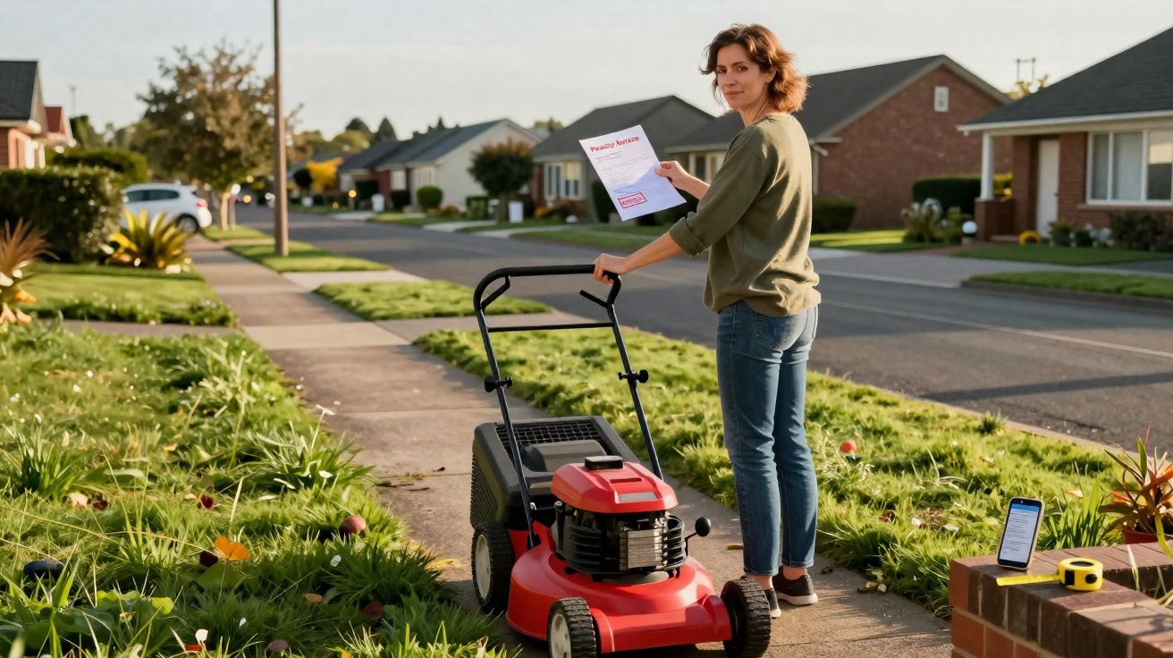 Woman holding a utility bill while standing on a sidewalk next to a red lawn mower in a suburban neighbourhood.