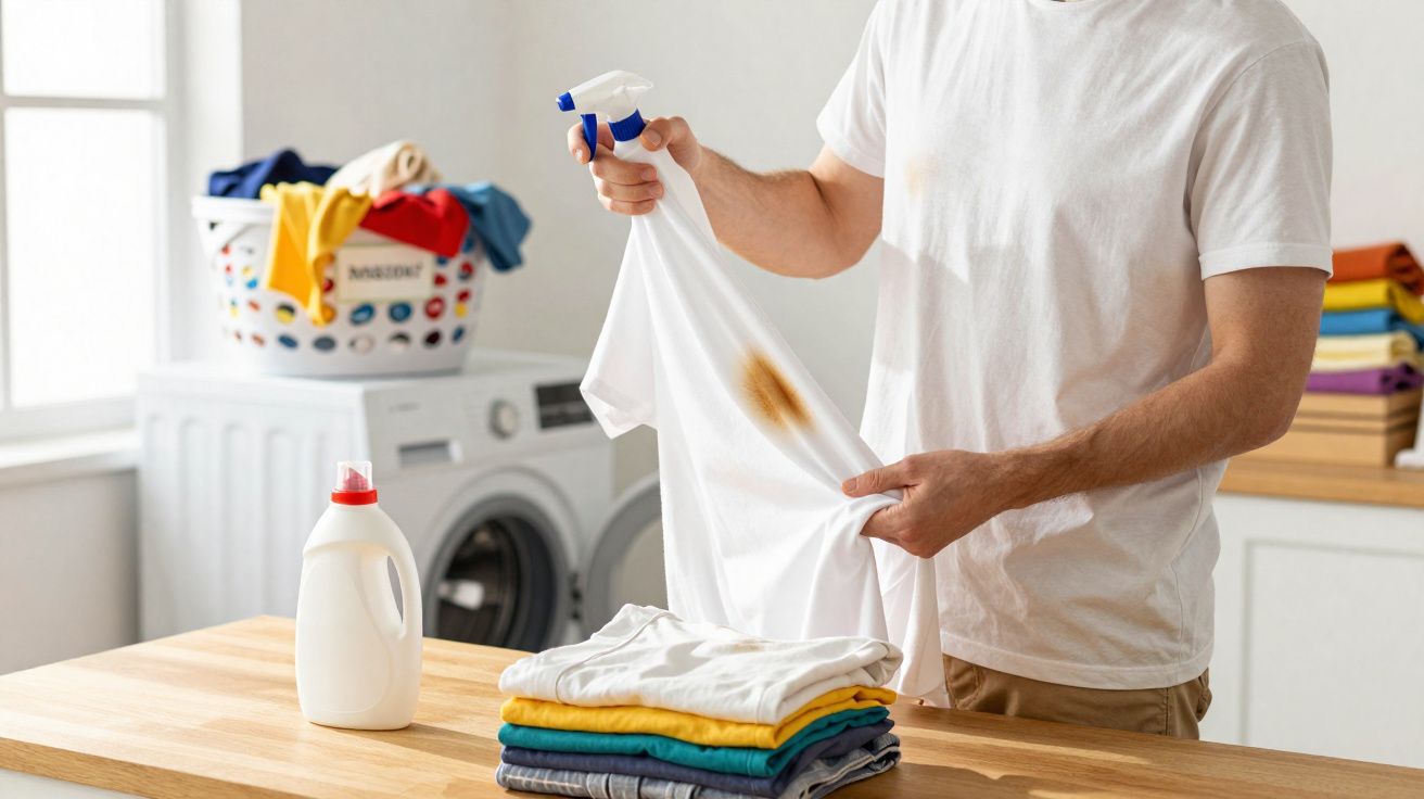 Person spraying stain remover on a large brown stain on a white t-shirt in a laundry room.