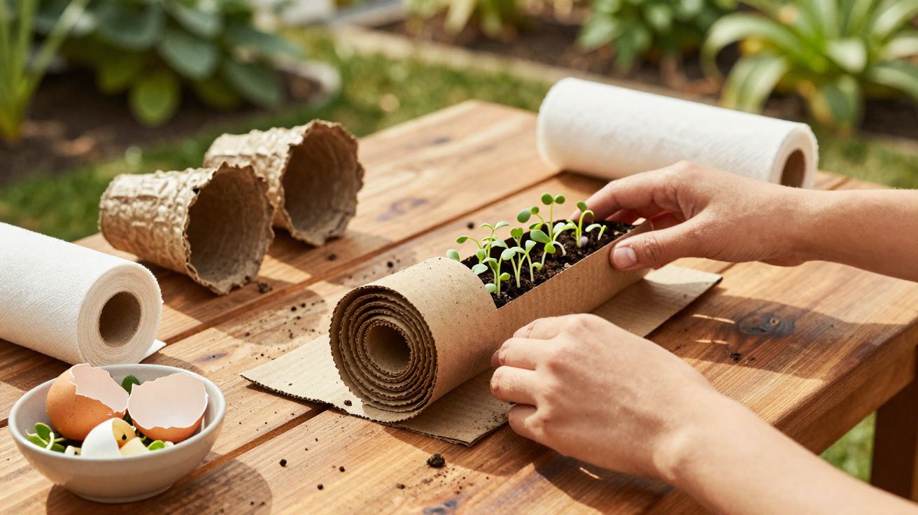 Hands planting seedlings in a biodegradable cardboard roll on a wooden table outdoors with gardening supplies nearby.