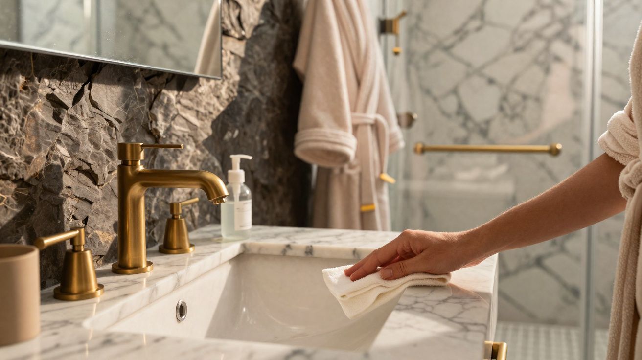 Hand wiping a white marble bathroom sink with a gold faucet and soap dispenser nearby.