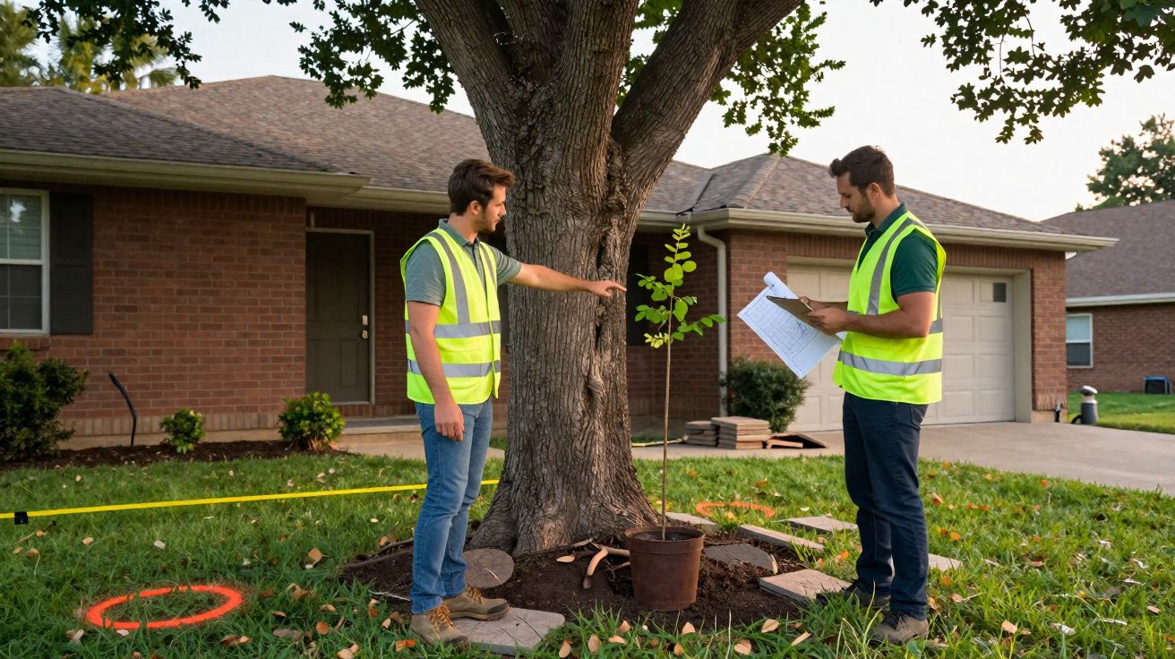Two men in high-visibility vests planting a young tree beside a large tree in a suburban garden.