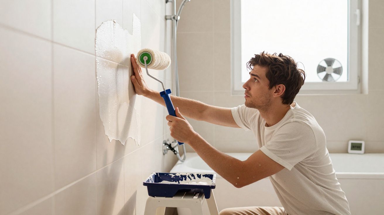 Man using paint roller to paint beige tiled bathroom wall white near a bathtub and window.
