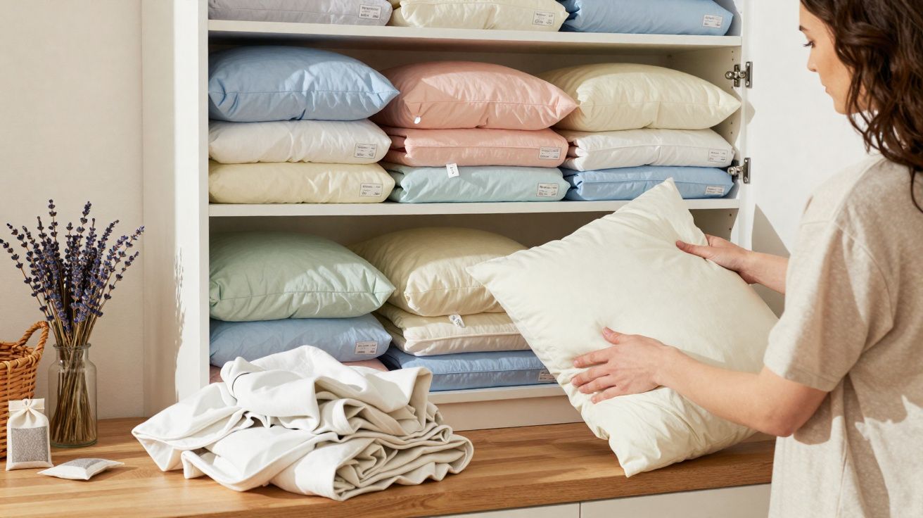 Person organising pastel-coloured pillows on shelves above a wooden countertop with folded linens and lavender bouquet.